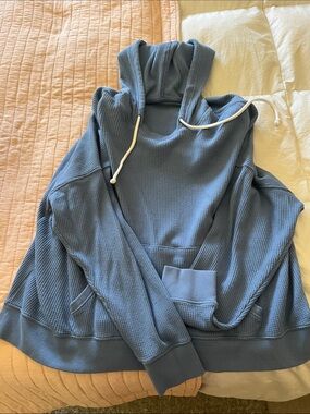 aerie Waffle-Knit Hooded Pullover in Dusty Blue